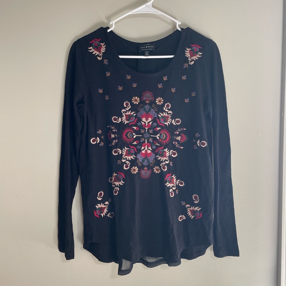 Lucky Brand Embroidered Floral See Through Back Long Sleeve Top